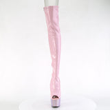 Pleaser 7 inch baby pink hologram rhinestone peep toe platform thigh high boot, front view
