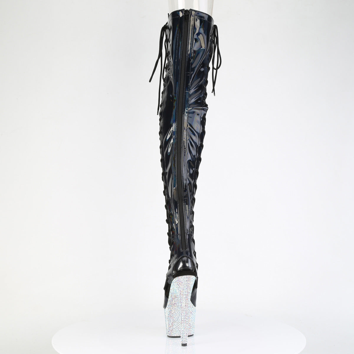 Pleaser 7 inch black hologram rhinestone side lace platform thigh high boot, back view of the heel