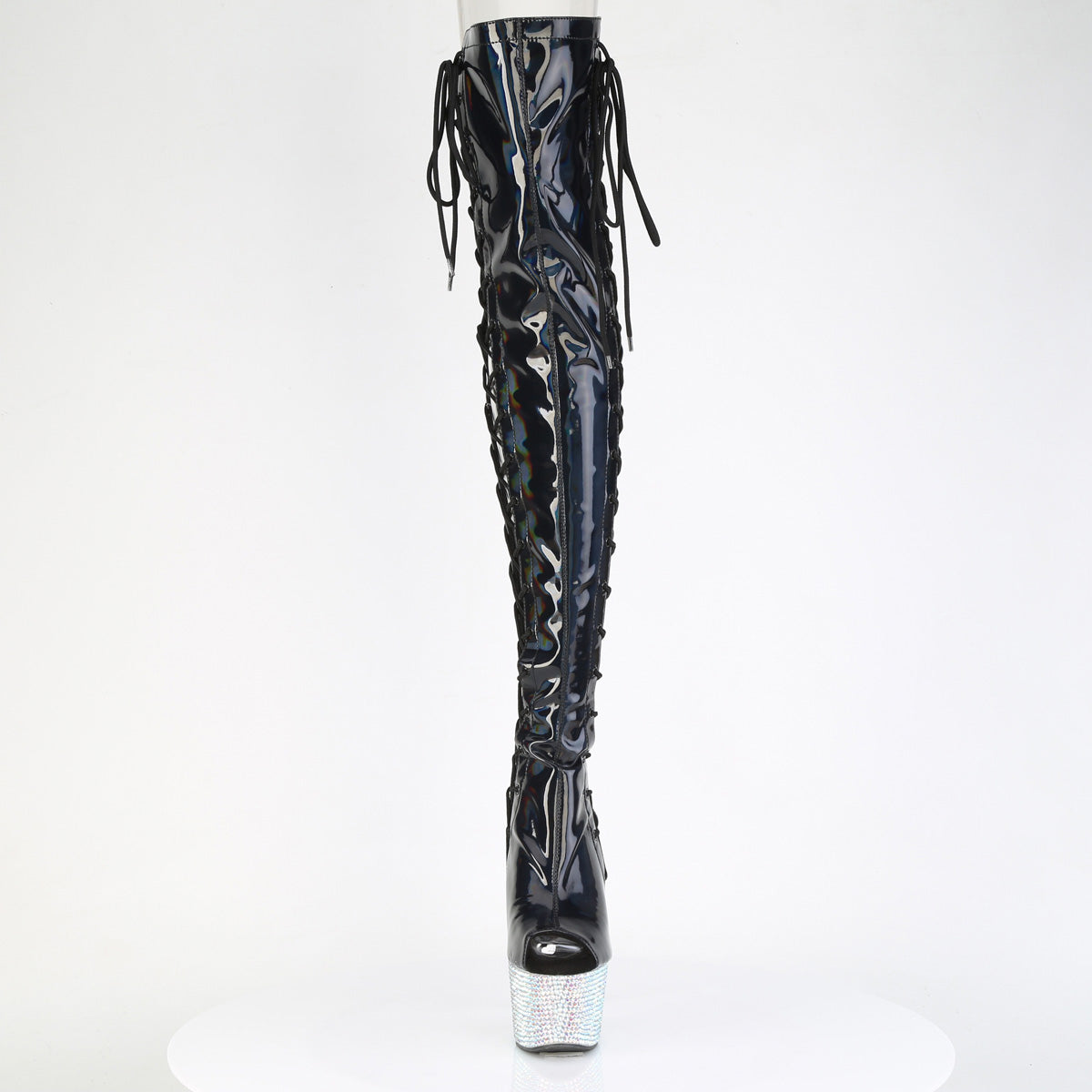 Pleaser 7 inch black hologram rhinestone side lace platform thigh high boot, front view