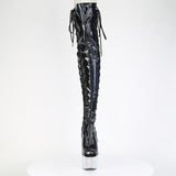 Pleaser 7 inch black hologram rhinestone side lace platform thigh high boot, front view