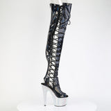 Pleaser 7 inch black hologram rhinestone side lace platform thigh high boot, inside view