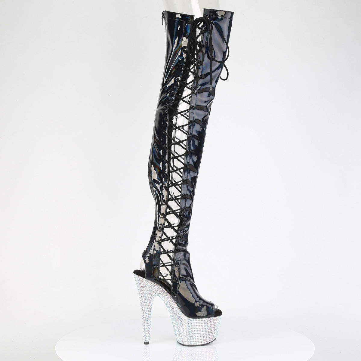 Pleaser 7 inch black hologram rhinestone side lace platform thigh high boot, inside view