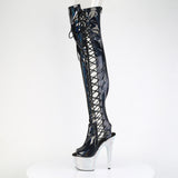Pleaser 7 inch black hologram rhinestone side lace platform thigh high boot, side view of the rhinestone platform and heel