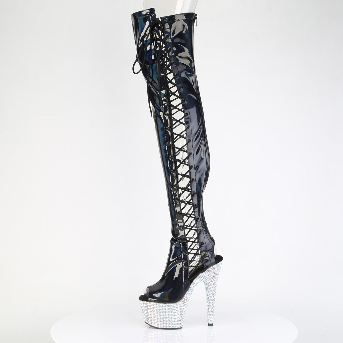 Pleaser 7 inch black hologram rhinestone side lace platform thigh high boot, side view of the rhinestone platform and heel