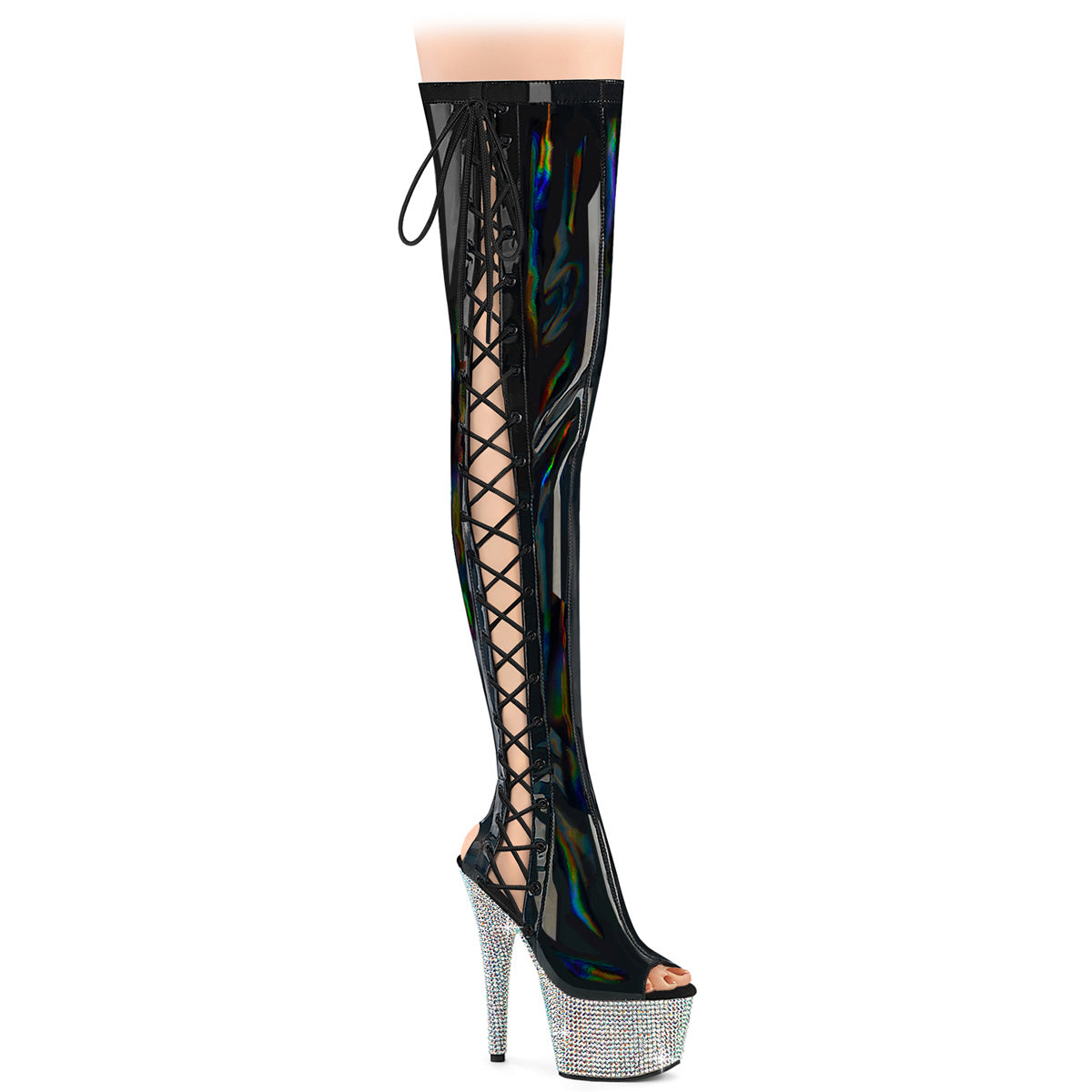 Pleaser 7 inch black hologram rhinestone side lace platform thigh high boot, three-quarter view on white