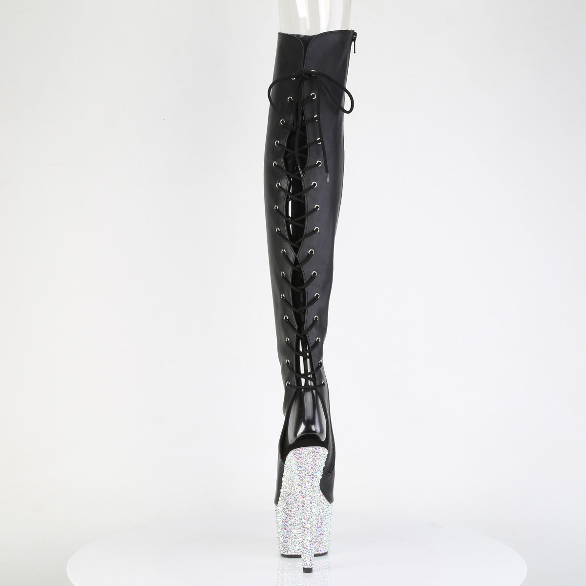 Pleaser 7 inch black silver mixed rhinestone open toe platform over the knee boot, back view of the heel