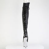 Pleaser 7 inch black silver mixed rhinestone open toe platform over the knee boot, back view of the heel