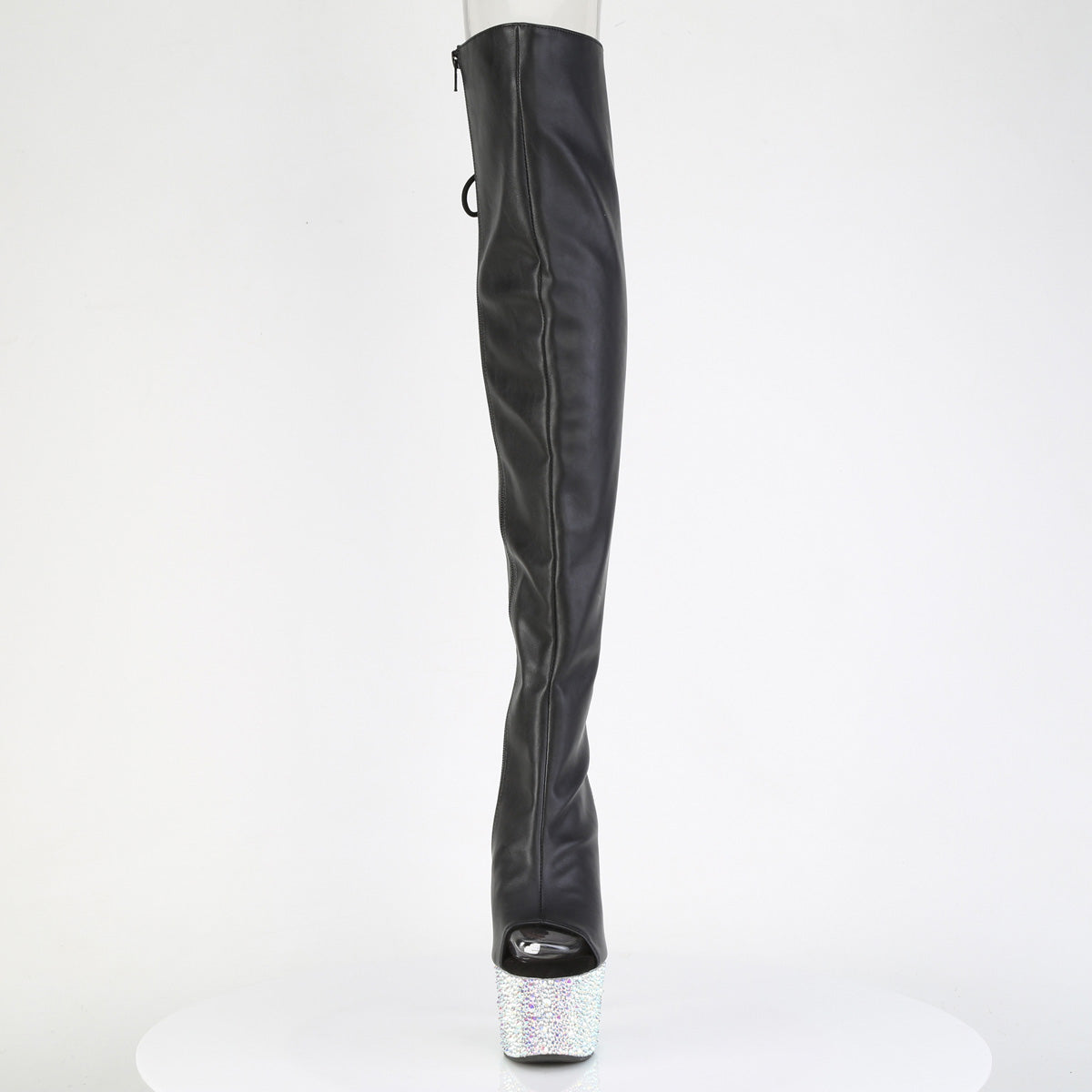 Pleaser 7 inch black silver mixed rhinestone open toe platform over the knee boot, front view