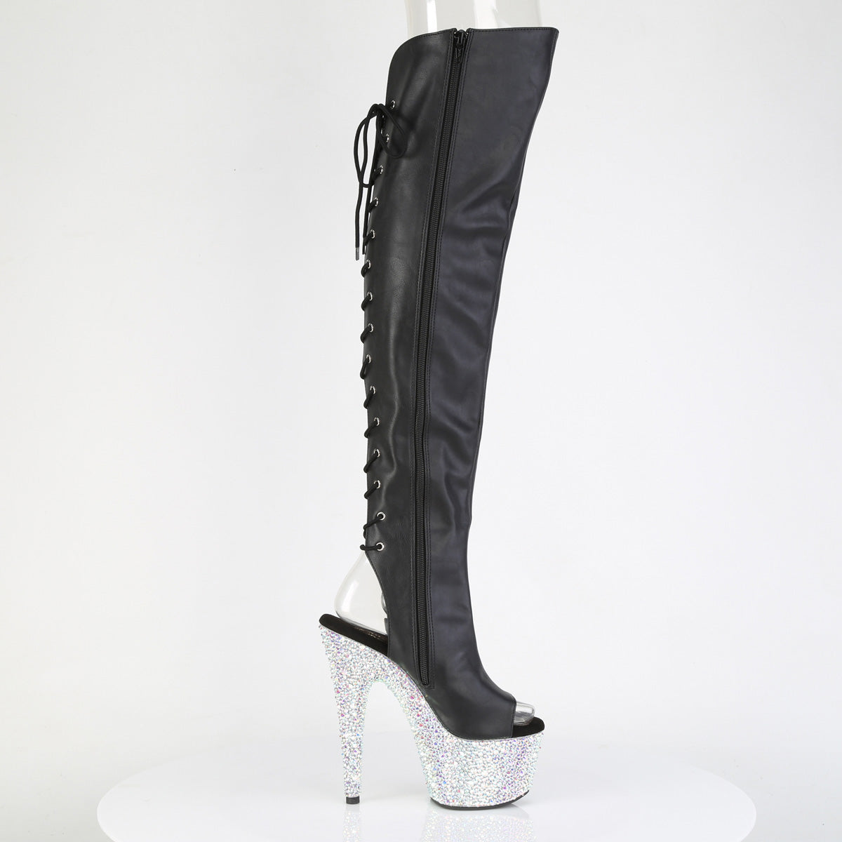 Pleaser 7 inch black silver mixed rhinestone open toe platform over the knee boot, inside view