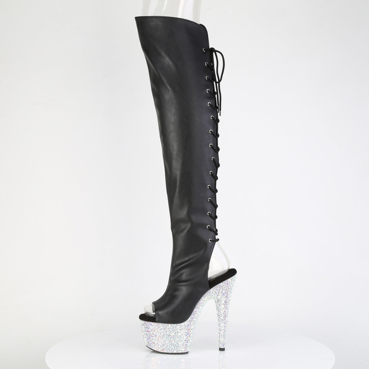 Pleaser 7 inch black silver mixed rhinestone open toe platform over the knee boot, side view of the rhinestone platform and heel