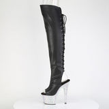 Pleaser 7 inch black silver mixed rhinestone open toe platform over the knee boot, side view of the rhinestone platform and heel
