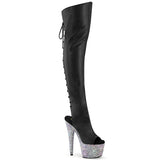 Pleaser 7 inch black silver mixed rhinestone open toe platform over the knee boot, three-quarter view on white