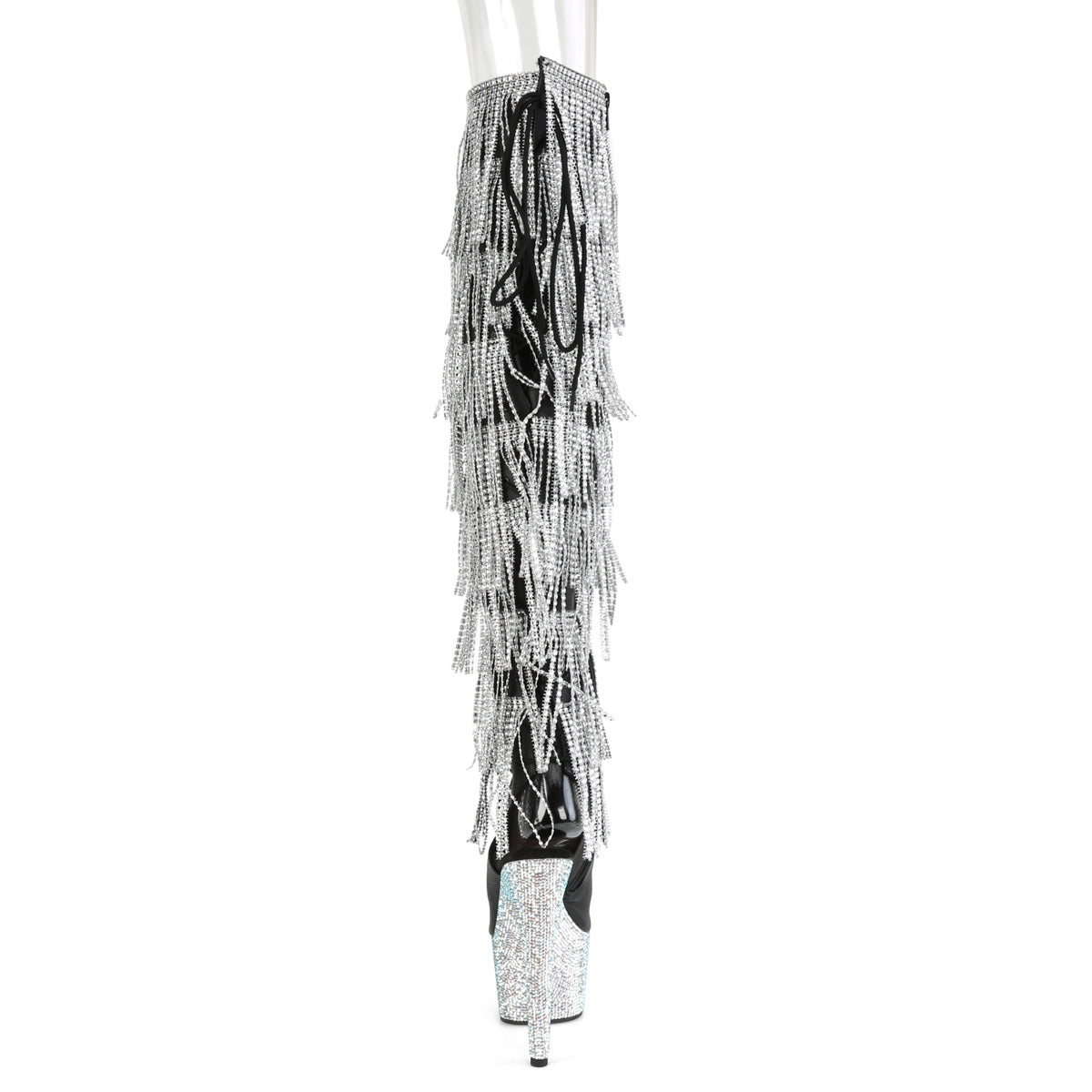 Pleaser 7 inch black silver rhinestone fringe platform over the knee boot, back view of the heel