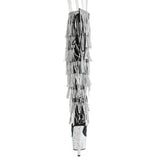 Pleaser 7 inch black silver rhinestone fringe platform over the knee boot, back view of the heel
