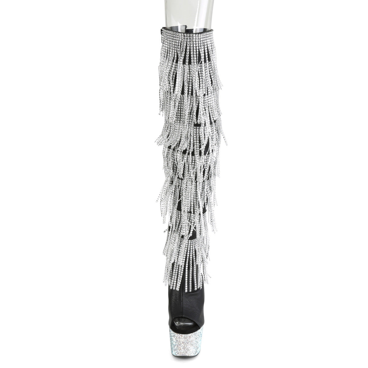 Pleaser 7 inch black silver rhinestone fringe platform over the knee boot, front view