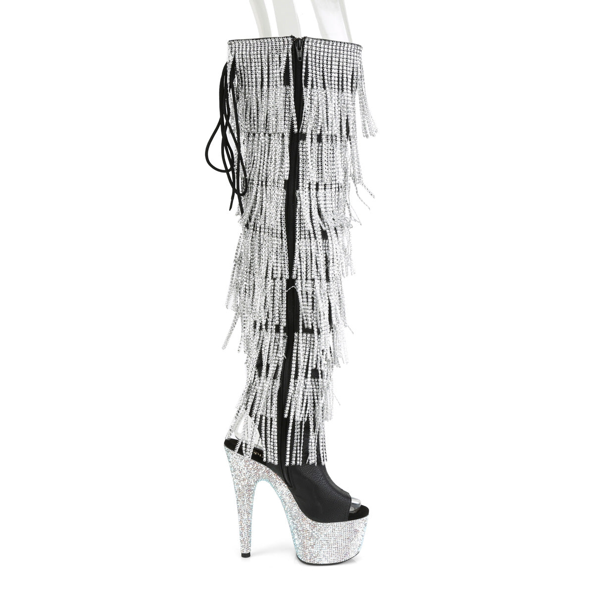 Pleaser 7 inch black silver rhinestone fringe platform over the knee boot, inside view