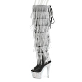 Pleaser 7 inch black silver rhinestone fringe platform over the knee boot, side view of the rhinestone platform and heel