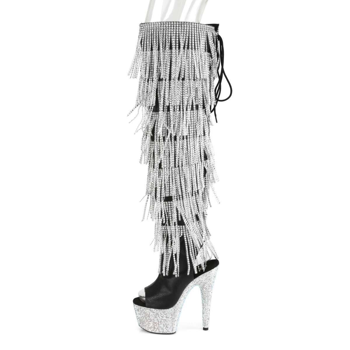 Pleaser 7 inch black silver rhinestone fringe platform over the knee boot, side view of the rhinestone platform and heel