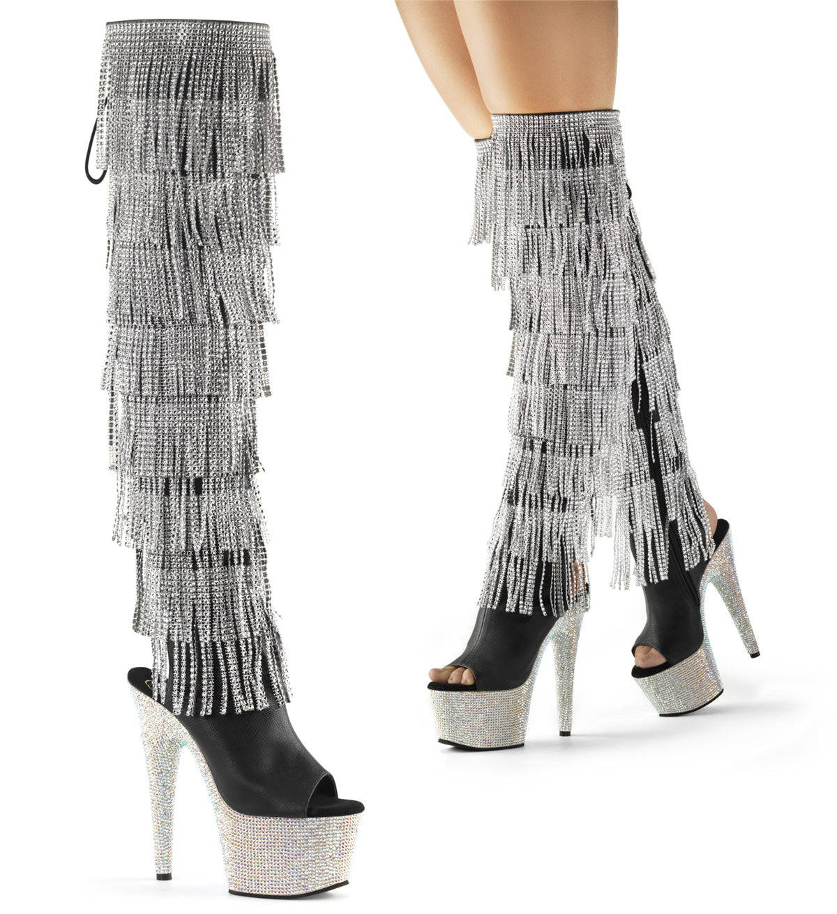 Pleaser 7 inch black silver rhinestone fringe platform over the knee boot, three-quarter view on white