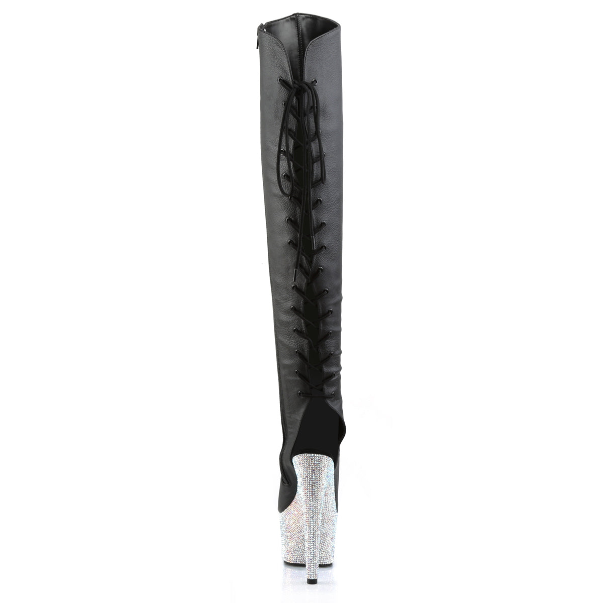 Pleaser 7 inch black silver rhinestone platform over the knee boot, back view of the heel