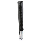 Pleaser 7 inch black silver rhinestone platform over the knee boot, back view of the heel