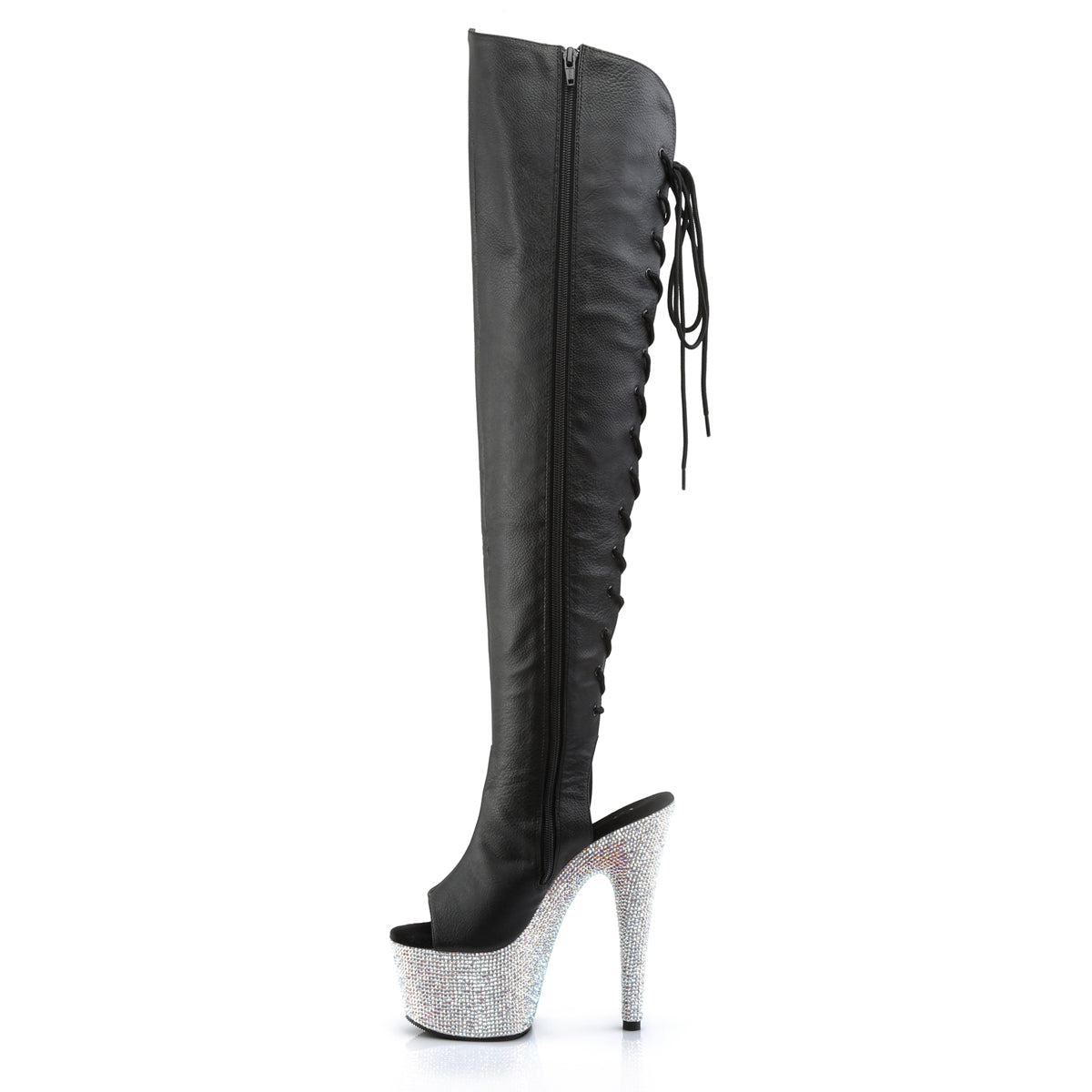 Pleaser 7 inch black silver rhinestone platform over the knee boot, side view of the rhinestone platform and heel