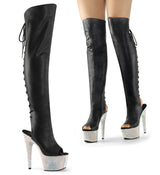Pleaser 7 inch black silver rhinestone platform over the knee boot, three-quarter view on white