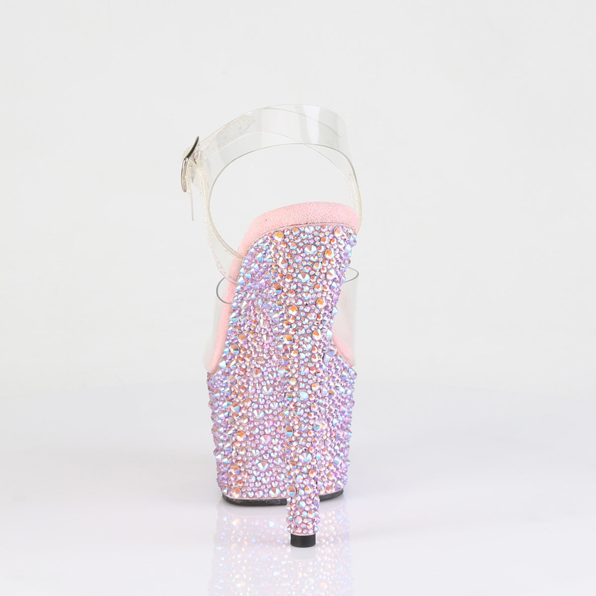 Pleaser 7 inch clear baby pink mixed rhinestone platform ankle strap sandal, back view of the heel