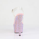 Pleaser 7 inch clear baby pink mixed rhinestone platform ankle strap sandal, back view of the heel