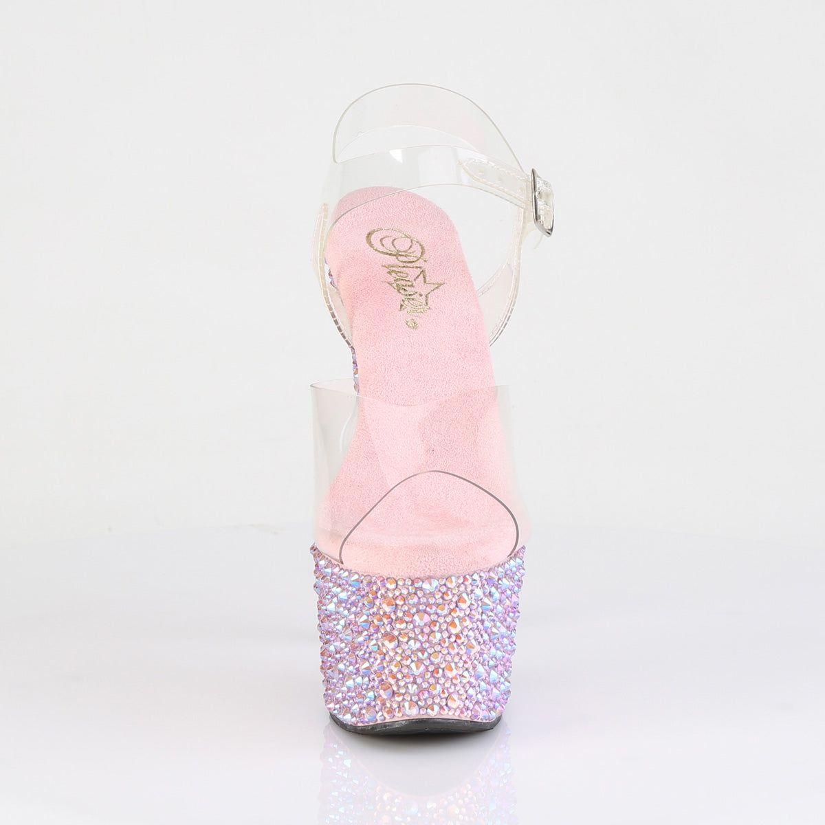 Pleaser 7 inch clear baby pink mixed rhinestone platform ankle strap sandal, front view