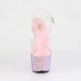 Pleaser 7 inch clear baby pink mixed rhinestone platform ankle strap sandal, front view