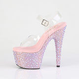 Pleaser 7 inch clear baby pink mixed rhinestone platform ankle strap sandal, side view of the rhinestone platform and heel