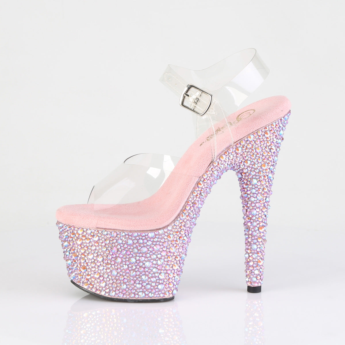 Pleaser 7 inch clear baby pink mixed rhinestone platform ankle strap sandal, side view of the rhinestone platform and heel