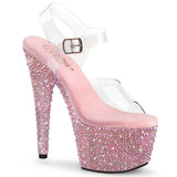 Pleaser 7 inch clear baby pink mixed rhinestone platform ankle strap sandal, three-quarter view on white