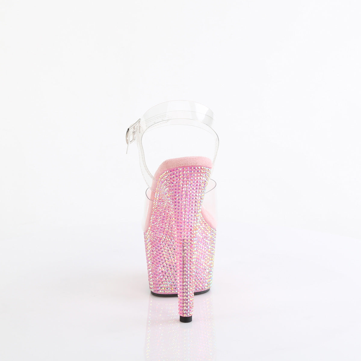 Pleaser 7 inch clear baby pink resin rhinestone platform ankle strap sandal, back view of the heel