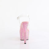 Pleaser 7 inch clear baby pink resin rhinestone platform ankle strap sandal, back view of the heel
