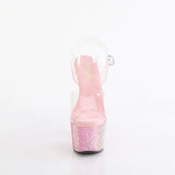 Pleaser 7 inch clear baby pink resin rhinestone platform ankle strap sandal, front view
