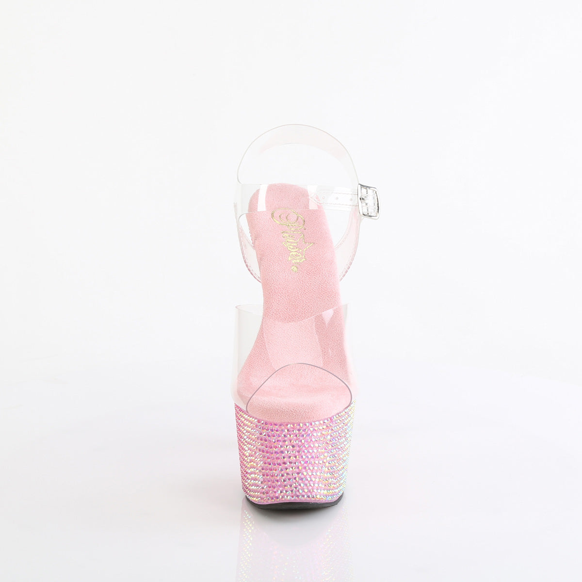 Pleaser 7 inch clear baby pink resin rhinestone platform ankle strap sandal, front view
