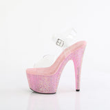Pleaser 7 inch clear baby pink resin rhinestone platform ankle strap sandal, side view of the rhinestone platform and heel