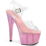 Pleaser 7 inch clear baby pink resin rhinestone platform ankle strap sandal, three-quarter view on white