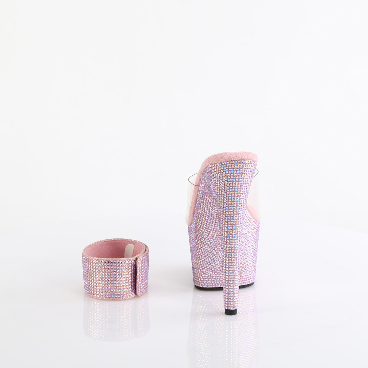 Pleaser 7 inch clear baby pink rhinestone platform slide with ankle cuff, back view of the heel