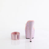 Pleaser 7 inch clear baby pink rhinestone platform slide with ankle cuff, back view of the heel