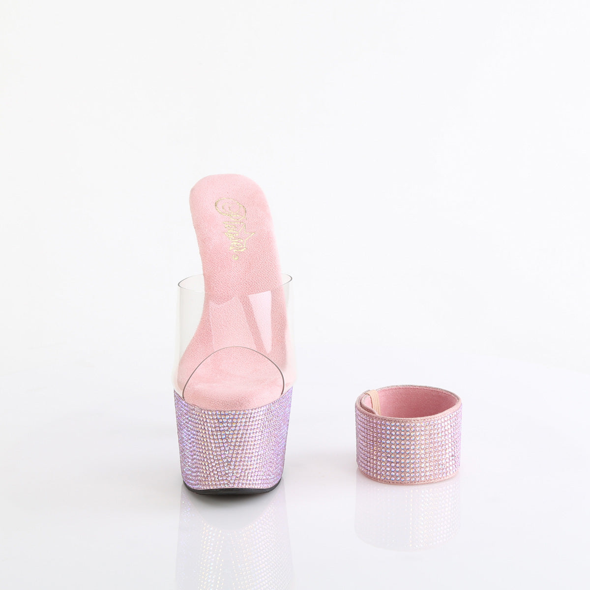 Pleaser 7 inch clear baby pink rhinestone platform slide with ankle cuff, front view