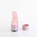 Pleaser 7 inch clear baby pink rhinestone platform slide with ankle cuff, front view