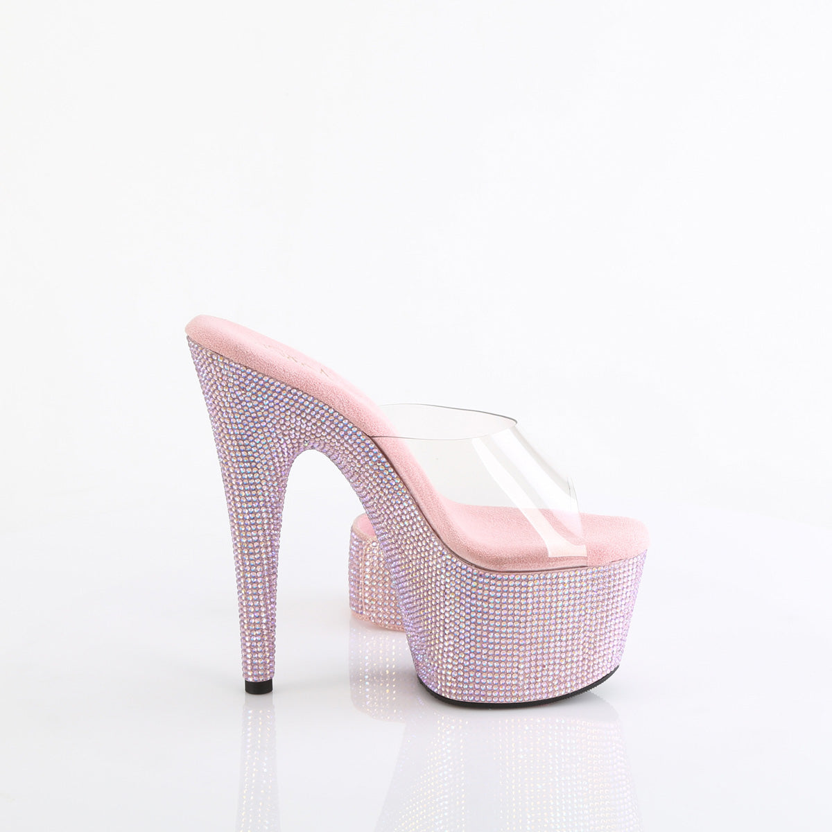 Pleaser 7 inch clear baby pink rhinestone platform slide with ankle cuff, inside view