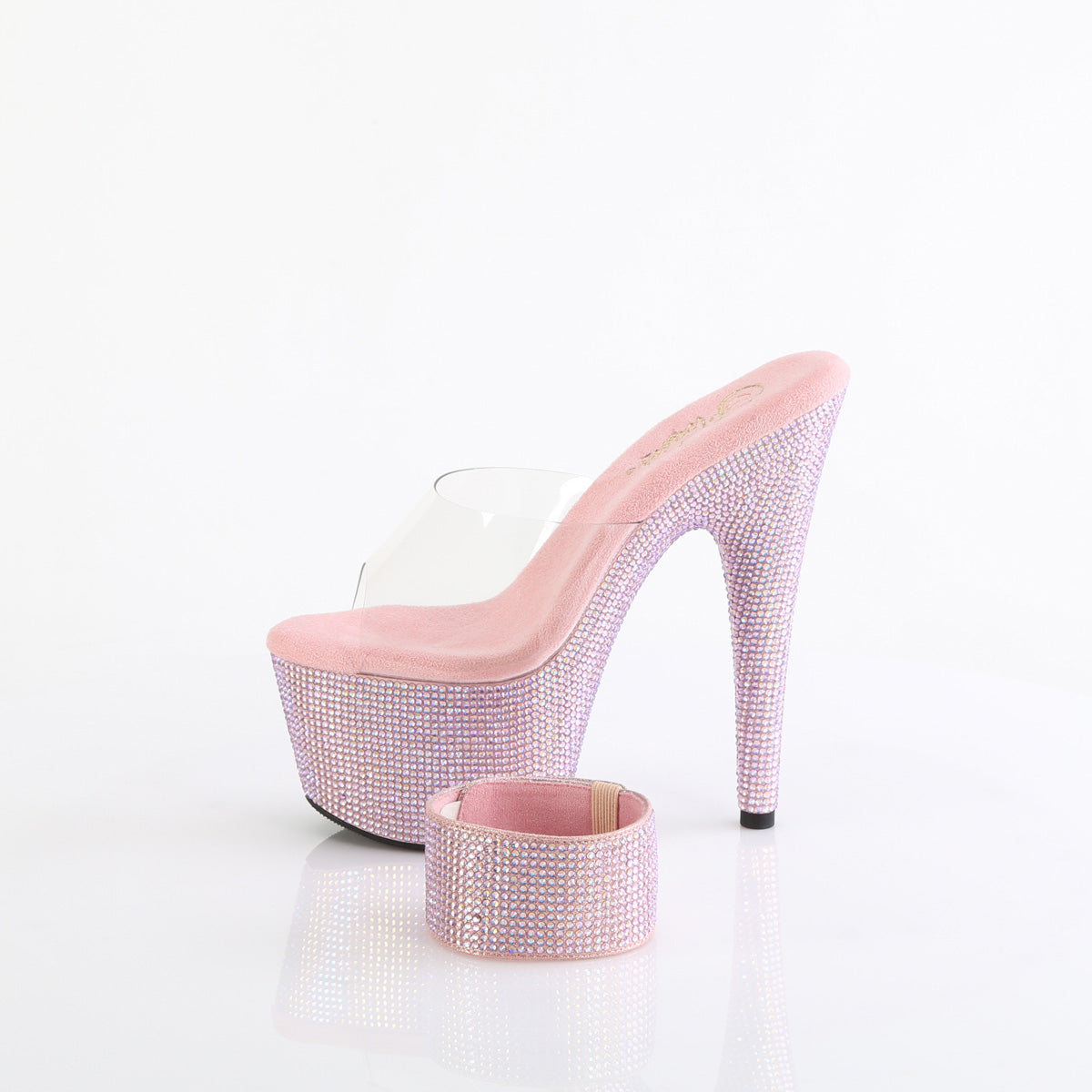 Pleaser 7 inch clear baby pink rhinestone platform slide with ankle cuff, side view of the rhinestone platform and heel
