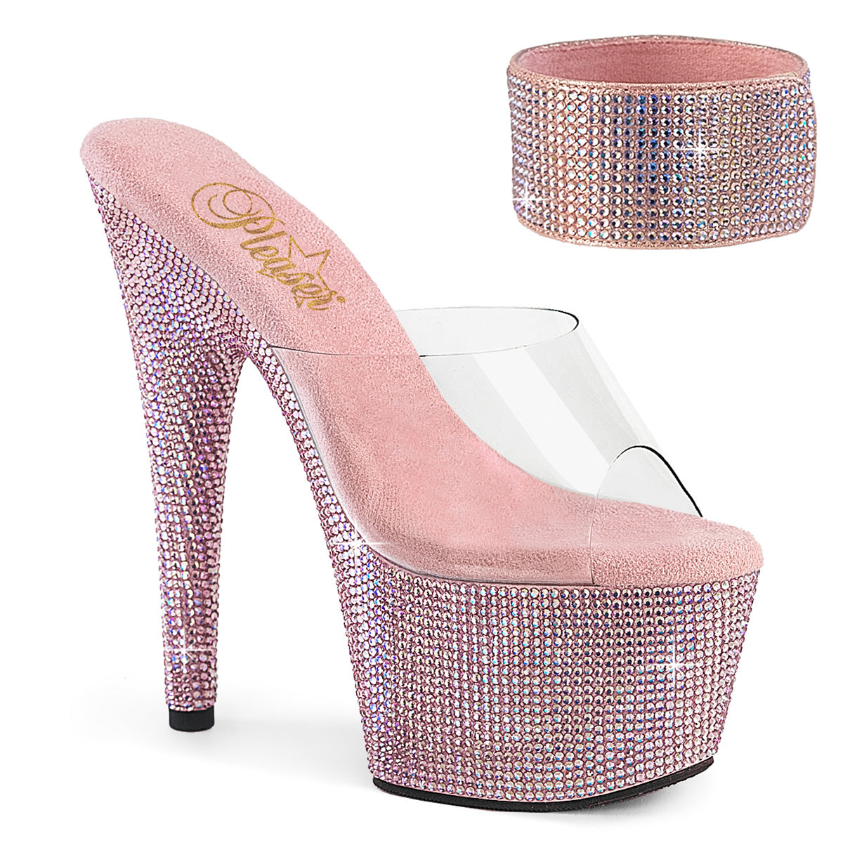 Pleaser 7 inch clear baby pink rhinestone platform slide with ankle cuff, three-quarter view on white