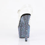Pleaser 7 inch clear black multicolor mixed rhinestone platform ankle strap sandal, back view of the heel