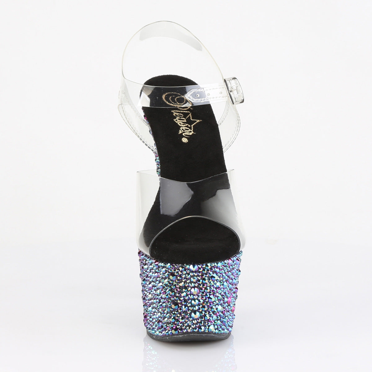 Pleaser 7 inch clear black multicolor mixed rhinestone platform ankle strap sandal, front view