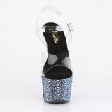 Pleaser 7 inch clear black multicolor mixed rhinestone platform ankle strap sandal, front view